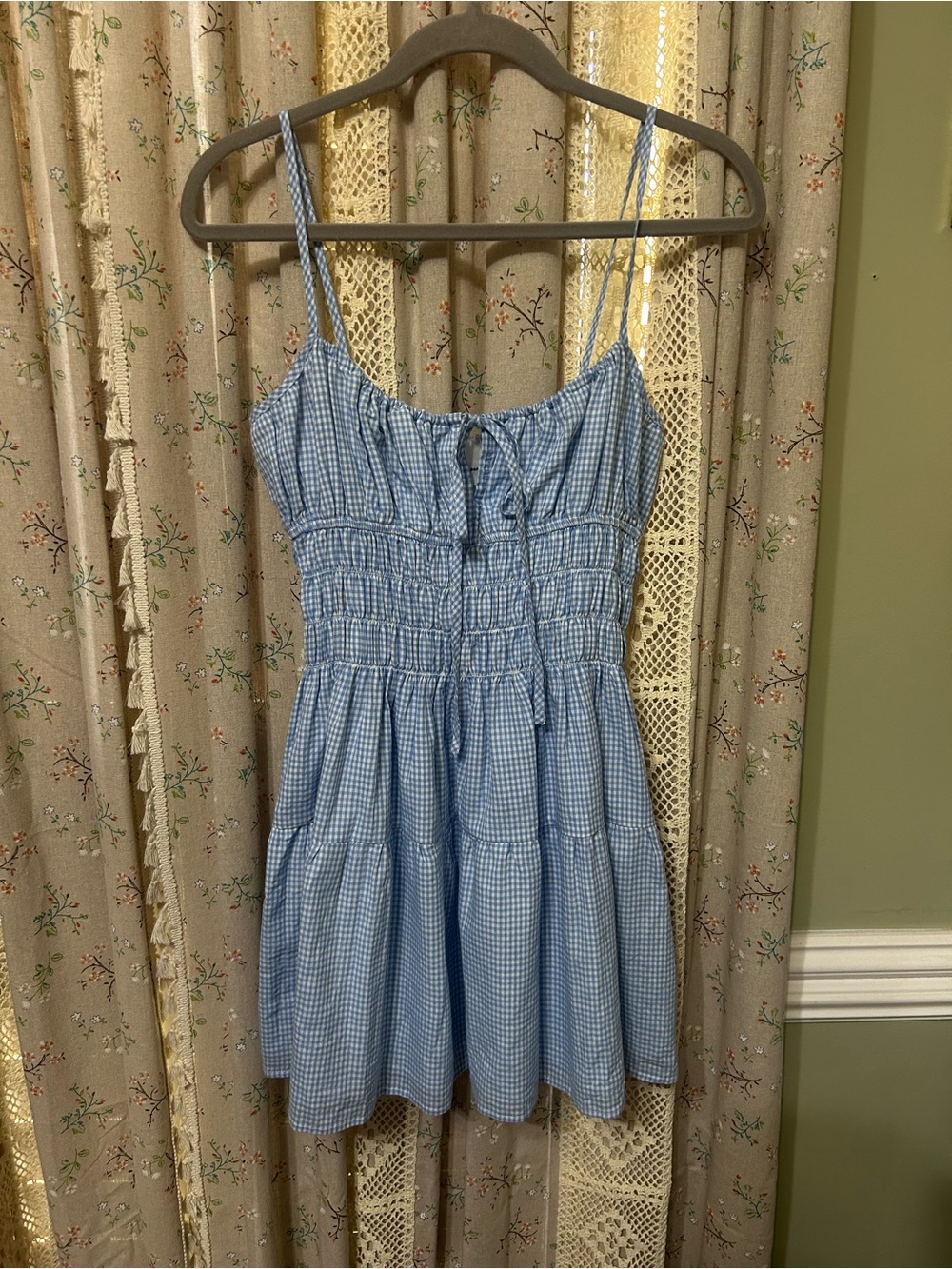 Sky to Moon Blue Gingham Smocked Tie Front Cotton Mini Dress NWT Small